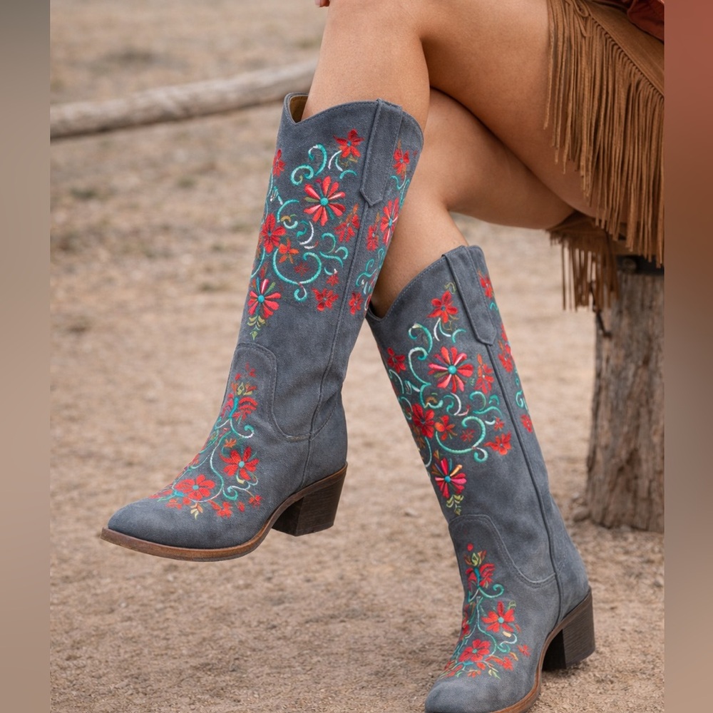 Agave Sky Embroidered Suede Cowgirl Slim Boots - Grey Suede Hibiscus Floral